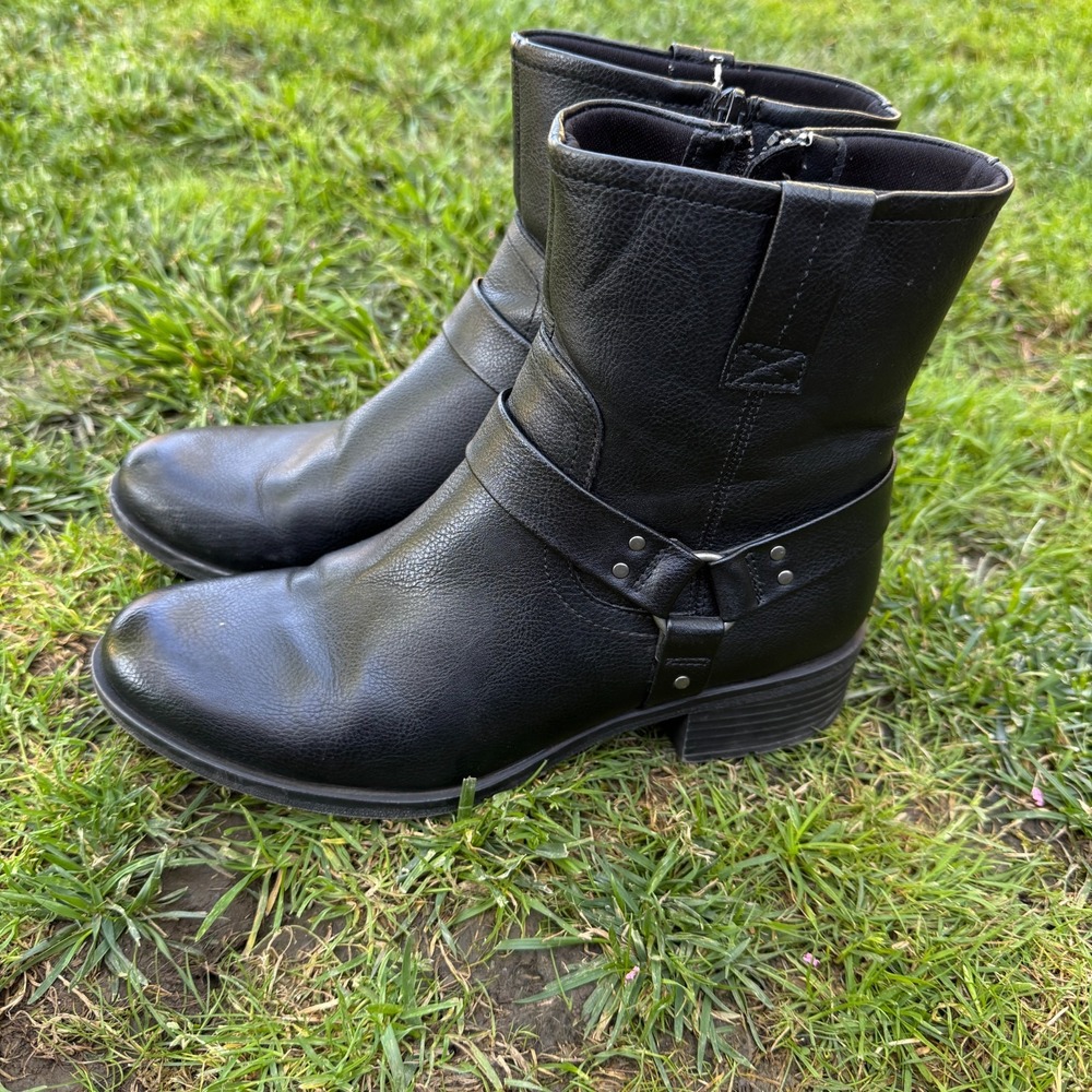 Frye and Co Elodie Moto Boots Womens 8M Black Leather Side Zip Block Heel Bootie
